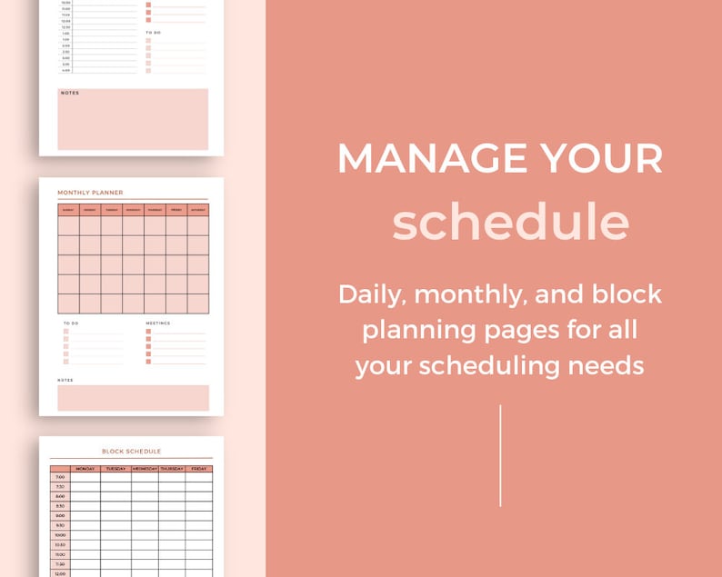 May include: A printable planner with pages for daily, monthly, and block scheduling. The planner has a pink and white color scheme with the text "MANAGE YOUR schedule" in white on a pink background.