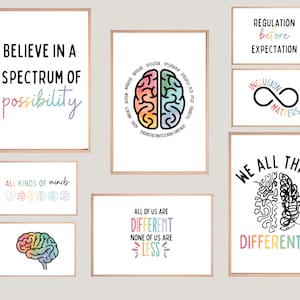Conjunto de carteles sobre neurodiversidad / Arte mural digital "Acepta las diferencias" / Decoración para consultorios de logopedia