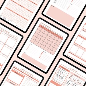 May include: A set of printable planners and checklists in a peach and brown color scheme. The planners include a monthly planner, a quarterly data tracker, a group therapy plan, and an IEP checklist. The checklists include sections for student information, pre-meeting, and during meeting.
