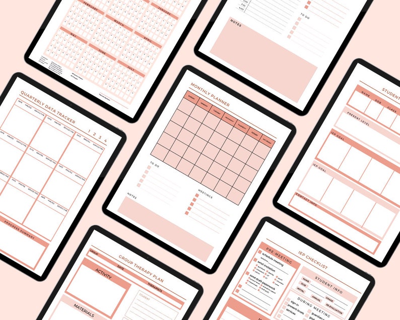 May include: A set of printable planners and checklists in a peach and brown color scheme. The planners include a monthly planner, a quarterly data tracker, a group therapy plan, and an IEP checklist. The checklists include sections for student information, pre-meeting, and during meeting.