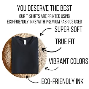 a black t-shirt with text and arrows pointing to its features, including "You deserve the best", "Our t-shirts are printed using eco-friendly inks with premium fabrics used", "SUPER soft", "TRUE fit", and "Vibrant colors".