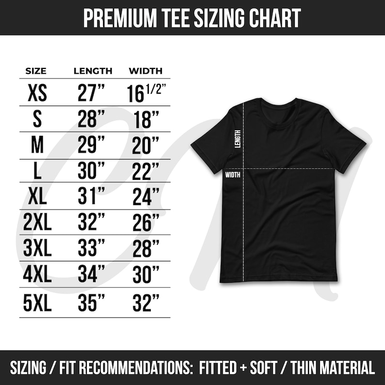 The image is a premium tee size chart that provides measurements for different sizes of black t-shirts. The chart includes the sizes XS, S, M, L, XL, and XXL, along with their corresponding length, width, and sleeve length. The chart also includes a black t-shirt with measurements and a size chart, which is displayed alongside a black t-shirt. The image provides clear and concise information about the sizes and measurements of the t-shirts, without any redundancy or vague descriptions.
