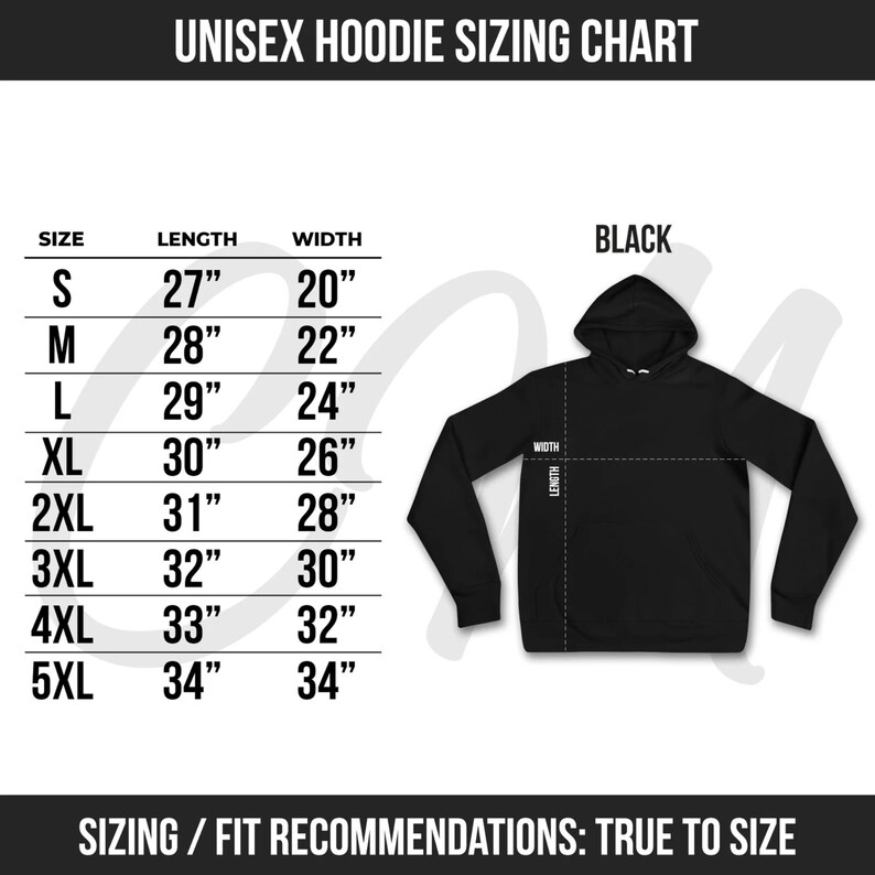 a black hoodie with measurements for the hoodie size chart