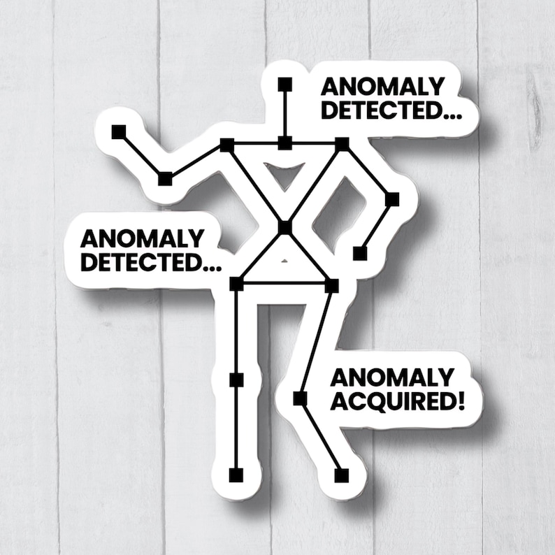 K&ouml;nnte beinhalten: Ein schwarz-wei&szlig;er Aufkleber mit einem Strichm&auml;nnchen-Design. Die Figur besteht aus verbundenen Punkten und Linien. Der Text "ANOMALY DETECTED..." erscheint oben und unten auf dem Aufkleber. Der Text "ANOMALY ACQUIRED!" erscheint unten rechts auf dem Aufkleber.