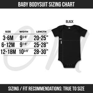 The image is a baby bodysuit size chart that provides measurements and corresponding sizes for different age groups.