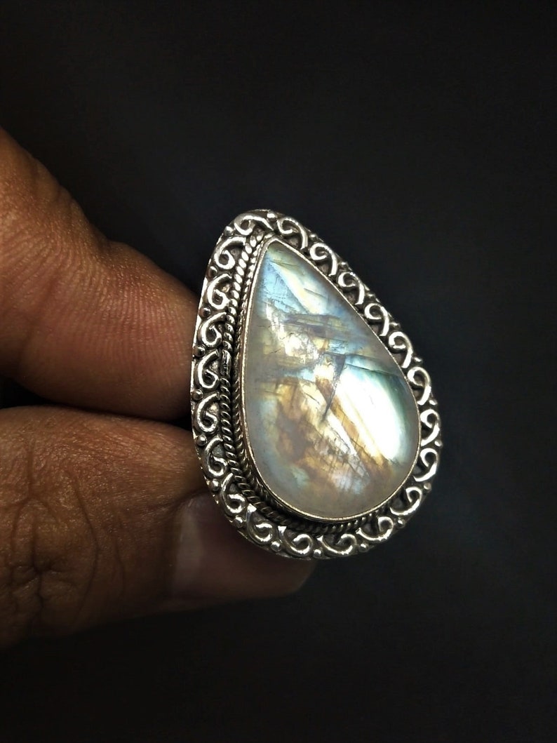 Rainbow Moonstone RingNatural MoonstoneSterling Silver Ring 925