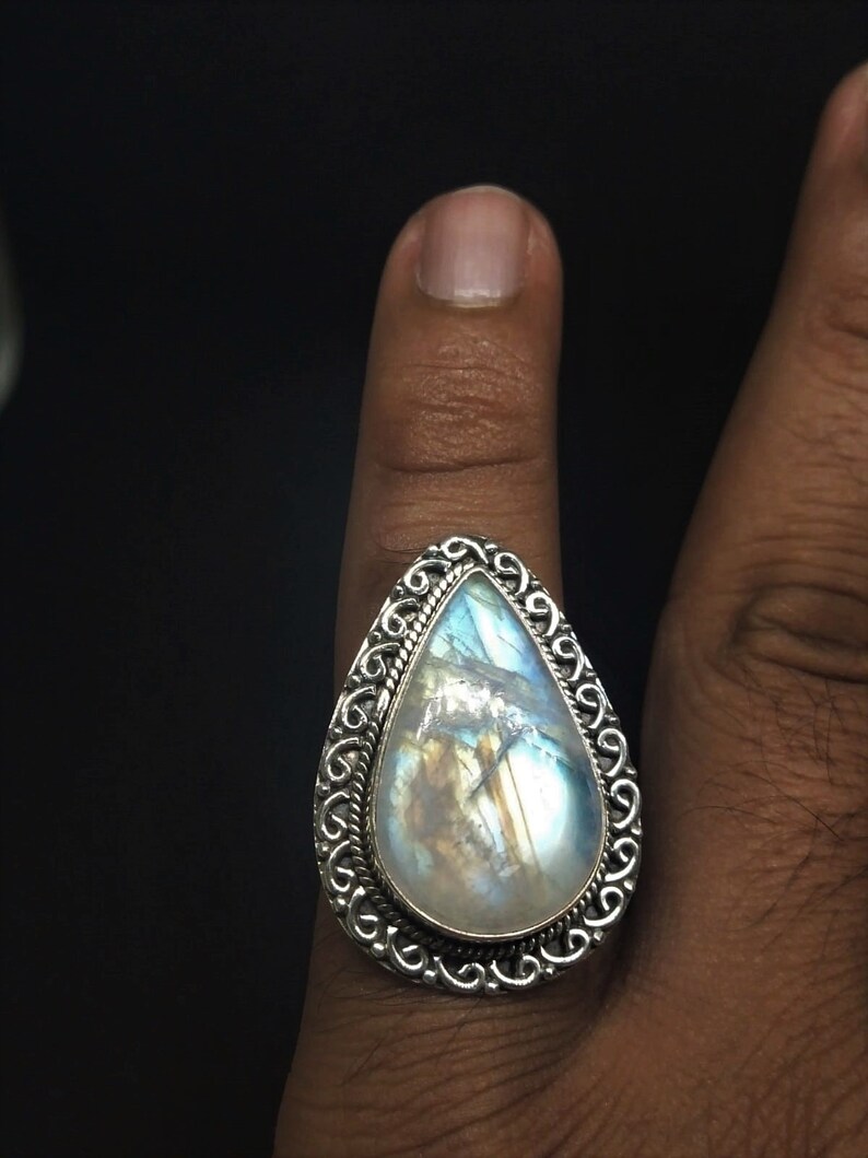 Rainbow Moonstone RingNatural MoonstoneSterling Silver Ring 925