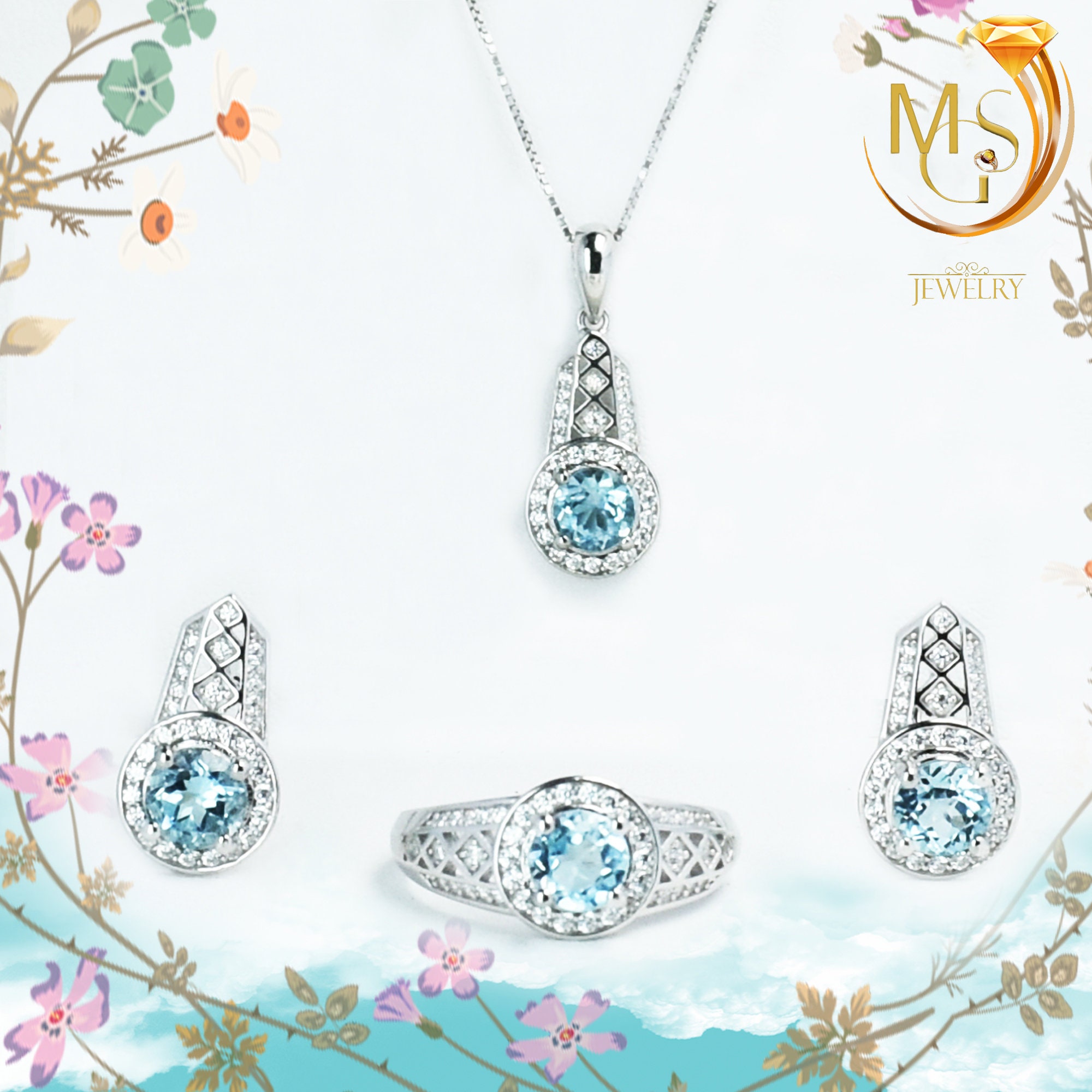 BLUE TOPAZ Jewelry Set Earrings Pendent Ring 925 Etsy