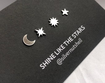 Sterling Silver Stars and Moon Stud Earrings