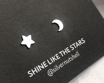 Sterling Silver Star and Moon Stud Earrings