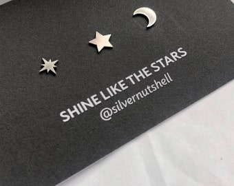 Sterling Silver Stars and Moon Stud Earrings