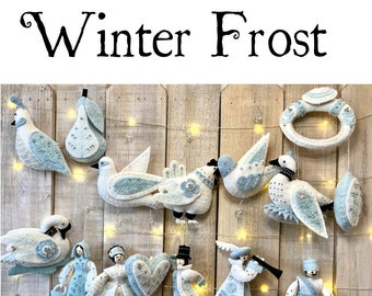 FINISHED & READY to SHIP! Twelve 12 Days of Christmas Ornaments Finished Handmade Felt and Czech Glass Beaded Winter Frost Blue Set