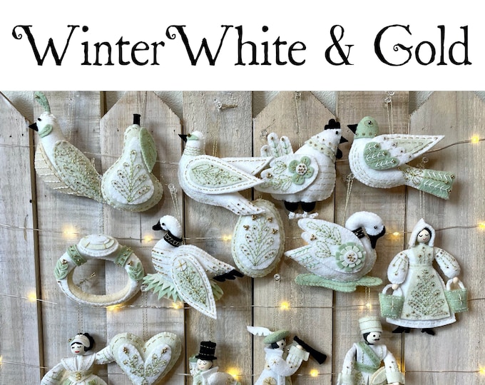 Featured listing image: Finished Twelve Days of Christmas Ornaments Finished Handmade Felt and Glass Beaded Winter White