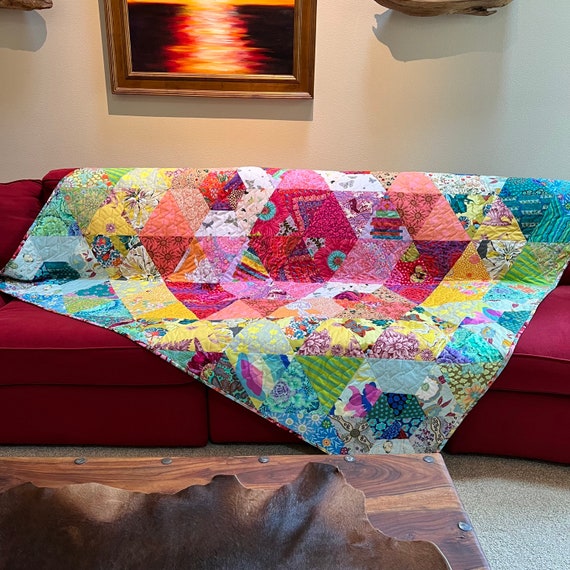 Colorful Couch Quilt 72 X 76 Prism Hexagon Garden Burst Designer