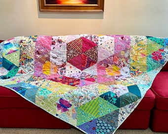 Colorful Couch Quilt 72" x 76" Prism Hexagon Pastel Burst Designer Fabrics Anna Maria Horner Kaffe Fassett Handmade USA