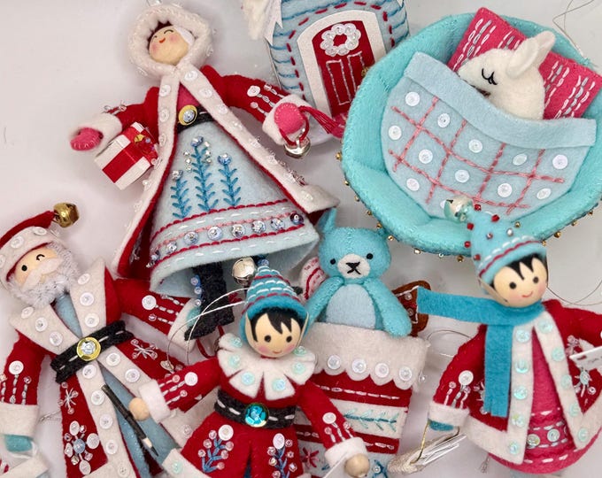 Featured listing image: READY to SHIP!! Twas the Night Before Christmas Finished Handmade Felt and Beaded set 7 Ornaments in Red Blue and White Retro Color