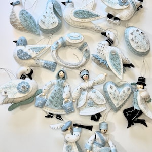 FINISHED Handmade Twelve Days of Christmas Ornaments in Winter Frost, 100% Wool felt with Czech Glass Beads image 1