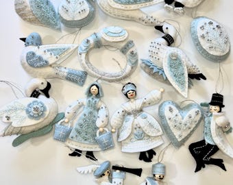 FINISHED Handmade Twelve Days of Christmas Ornaments in Winter Frost, 100% Wool felt with Czech Glass Beads