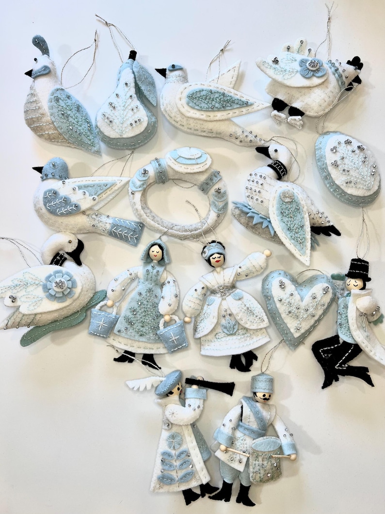 FINISHED Handmade Twelve Days of Christmas Ornaments in Winter Frost, 100% Wool felt with Czech Glass Beads image 1