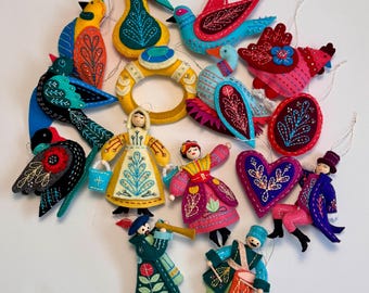 FINISHED SET! Handmade 12 Days of Christmas Ornaments 100% Wool Felt w/ Czech Glass Beads, Christmas Jewels SET Style 009