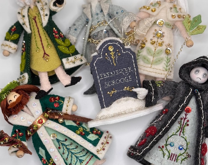 Featured listing image: READY to SHIP!! Charles Dickens A Christmas Carol Finished Handmade Felt and Beaded set 6 Ornaments Color Traditional