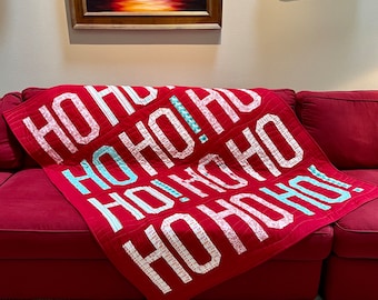READY to SHIP! Finished Modern Handmade Christmas Ho Ho Ho  Red 65"x74" Throw Couch Quilt Wall Hanging