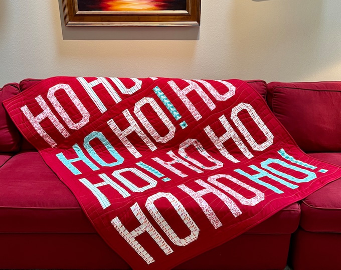 Featured listing image: READY to SHIP! Finished Modern Handmade Christmas Ho Ho Ho  Red 65"x74" Throw Couch Quilt Wall Hanging