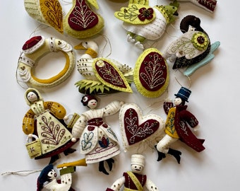 FINISHED Handmade Twelve Days of Christmas Ornaments in Old World Colors with 100% Wool Felt w/ Czech Glass Beads, Mmmcrafts pattern