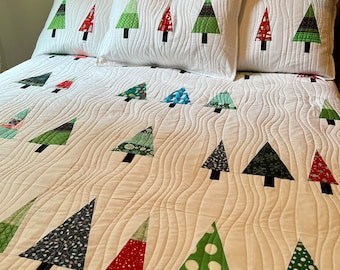 CUSTOM MADE Finished Modern Handmade Christmas Tree Quilt Queen Size 92”x96” or King Size 96" x 108" with Pillow Shams Option