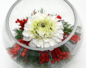 SINGLE FOREVER PRESERVED Dahlia, Christmas Holly Berry, Forever Floral Arrangement, Eternity Rose Box, Holiday Table Décor, holiday Gift