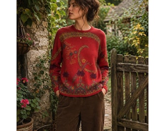 Vintage Camela Tapestry Sweater Size Small Lambswool Blend Paisley Floral Knit English Countryside Cottagecore Folk Art Pullover Size 36