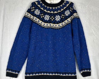 VTG Fair Isle Sweater 100% Wool Womens L Blue Hand Knit Nordic Apres Ski Cabin Cozy Grandpa Fisherman Sweater Snowflake Holiday