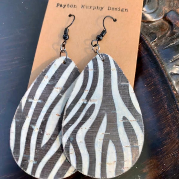 Arbez earrings: genuine leather and cork zebra print oversized teardrop earrings