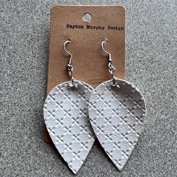 Alana earrings: bright white faux leather inverted teardrop earrings