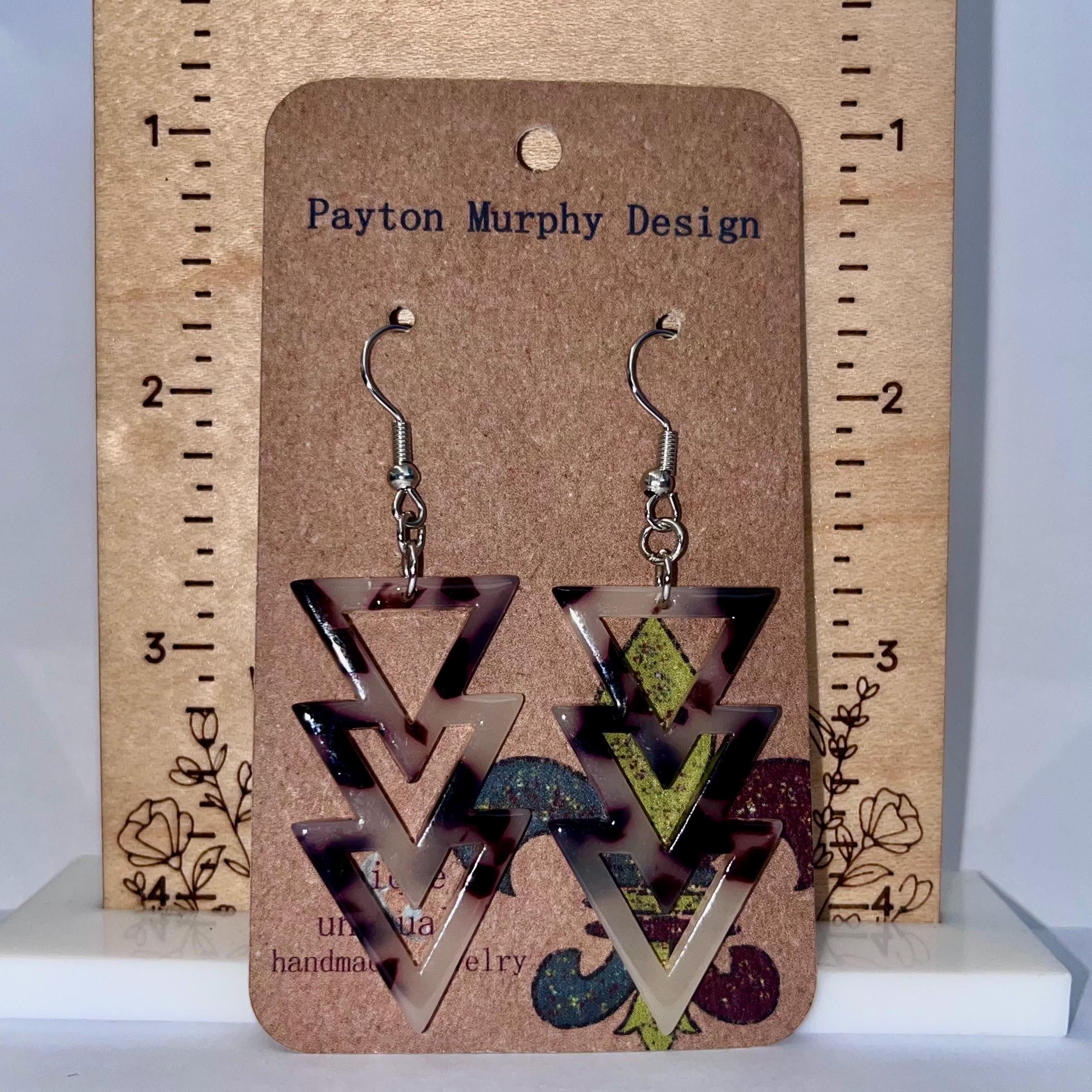 Boucles D'oreilles Longues Géométriques Argentées - 4 Triangles Isocèles Reliés, Occasion