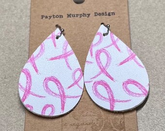 For the Cure earrings" breast cancer pink ribbon awareness faux leather teardrop earring