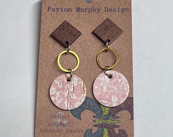 Sprite earrings: mixed media wood, brass and cork pink floral stud earrings