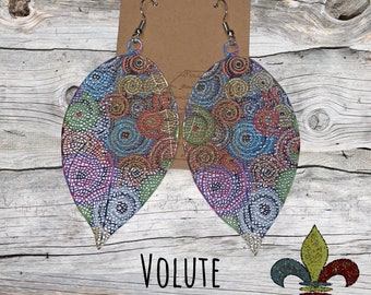 Volute earrings: painted metal leaf statement earrings