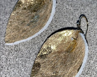 Glamour earrings: gold hair on hide genuine leather inverted teardrop earrings