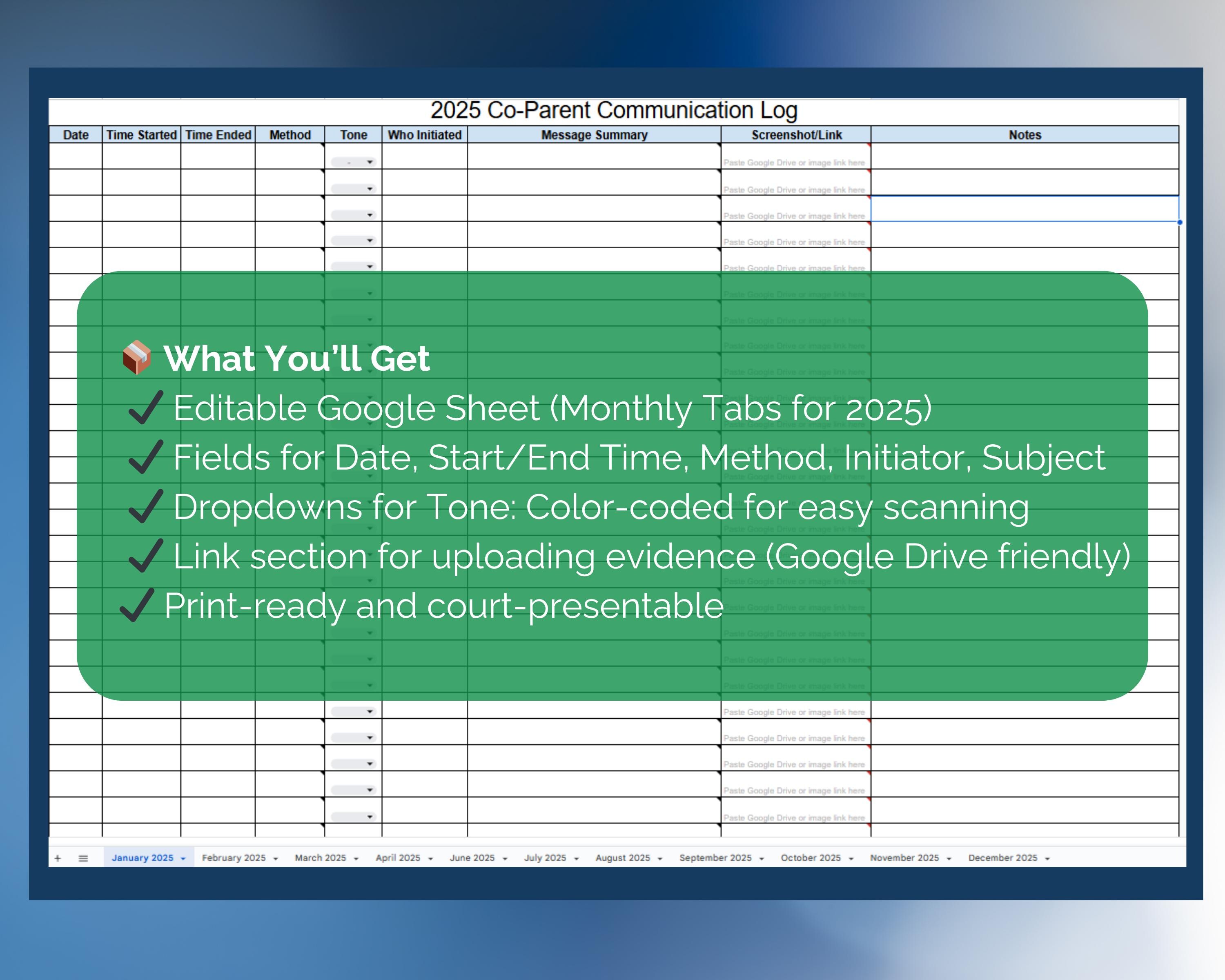 2025 Co-parent Communication Tracker: Custody Log (google Sheets) - Etsy