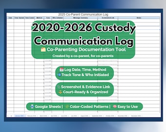 2020-2026 Co-Parent Communication Tracker | Editable Custody Log for Court | Google Sheets Record of Calls, Texts, Tone & Evidence