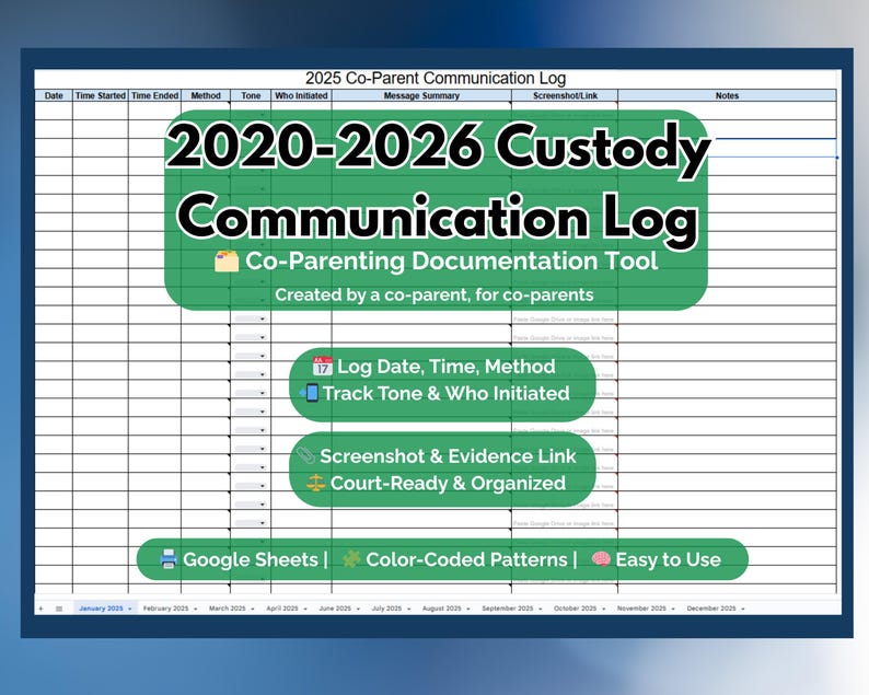 Co-parent Communication Tracker 2020-2026: Editable Custody Log (google ...