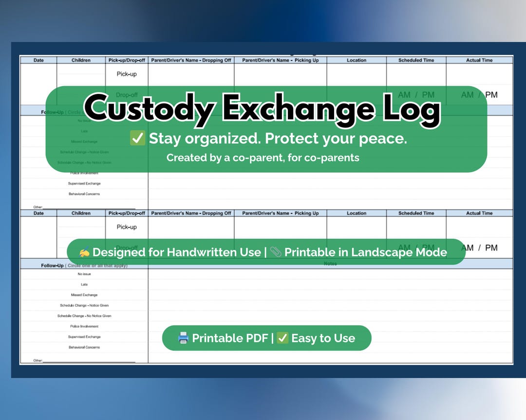 Custody Exchange Log | Printable PDF Only | Co-parenting Pick-up & Drop ...