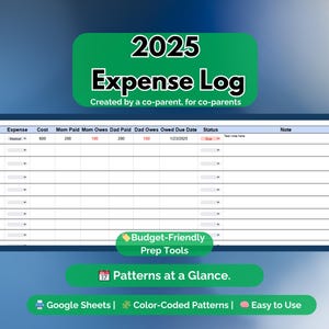 May include: A digital expense log for 2025, designed for co-parents. The spreadsheet includes columns for date, expense, cost, and payment details. Additional features include color-coded patterns and easy-to-use Google Sheets.
