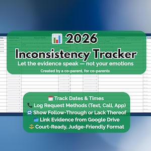 May include: A digital document titled "Inconsistency Tracker" with a green header and footer. The document includes sections for tracking dates, request methods, follow-through, and evidence links. Text reads "Let the evidence speak - not your emotions."