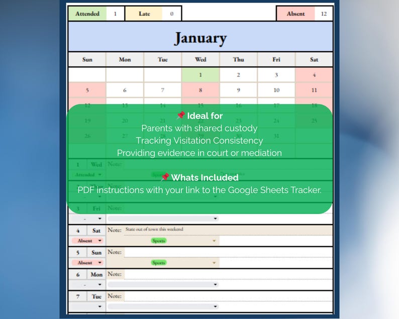 2025 Co-parenting Extracurricular Tracker: Color-coded Attendance ...