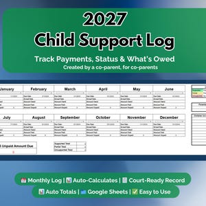 Pode incluir: Uma planilha azul e branca intitulada "2027 Child Support Log" com uma faixa verde no topo. A planilha acompanha pagamentos, status e valores devidos. Texto adicional inclui "Monthly Log", "Auto-Calculates" e "Easy to Use".