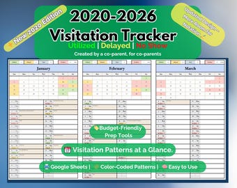 Planer wizyt 2020-2026 | Dziennik opieki współrodzicielskiej | Wykorzystane, Opóźnione, Nieobecne [Arkusze Google] [MyColorCase]