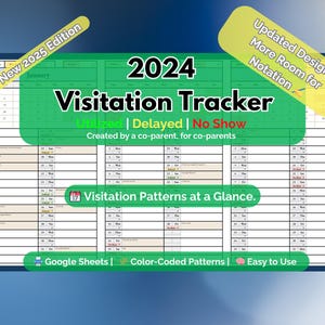 Monitoraggio delle visite 2024 / Registro di custodia utilizzato, ritardato e mancata presentazione / Planner di co-genitorialità di Google Fogli / Strumento di tribunale con codice colore