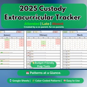 Op de afbeelding: Een digitale 2025 Custody Extracurricular Tracker met kalenderindelingen voor januari, februari en maart. De tracker gebruikt kleurgecodeerde patronen om de aanwezigheidsstatus aan te geven. Inclusief Google Sheets-compatibiliteit en budgetvriendelijke voorbereidingstools.
